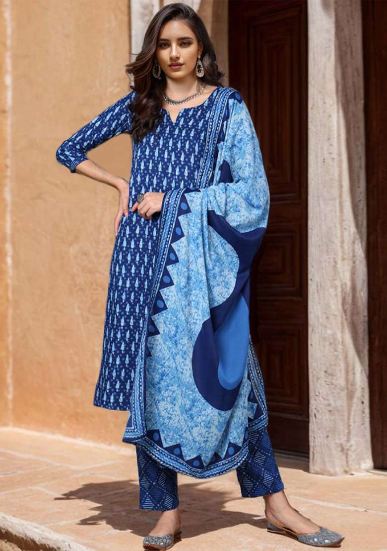 Blue Printed Blended Straight Kurta Set - Indya