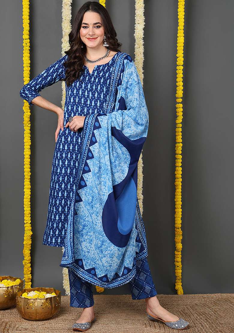 Blue Printed Blended Straight Kurta Set - Indya