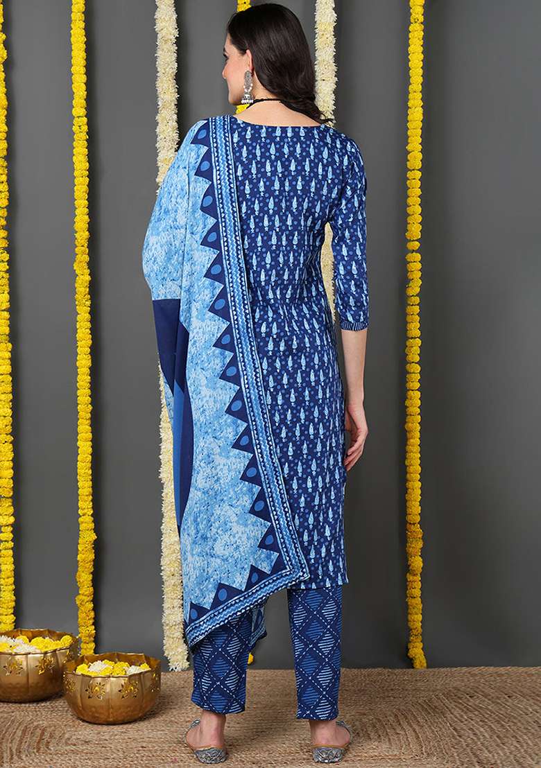 Blue Printed Blended Straight Kurta Set - Indya