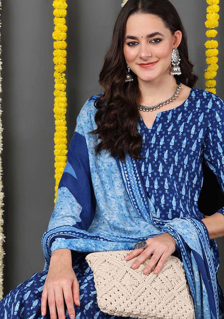 Blue Printed Blended Straight Kurta Set - Indya