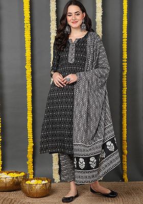 Black Printed Rayon Blend Kurta Set