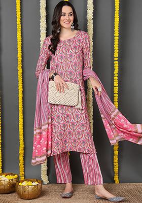 Pink Printed Rayon Blend Kurta Set