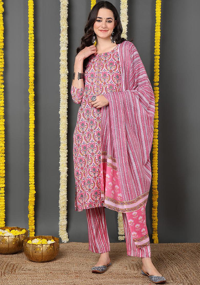 Pink Printed Rayon Blend Kurta Set
