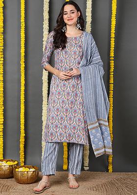 Grey Printed Rayon Blend Kurta Set