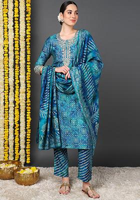 Teal Printed Silk Blend Kurta Set