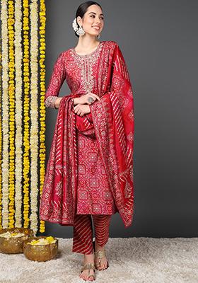 Maroon Printed Silk Blend Kurta Set