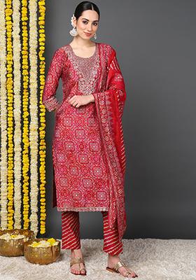 Maroon Printed Silk Blend Kurta Set