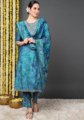 Teal Printed Silk Blend Kurta Set