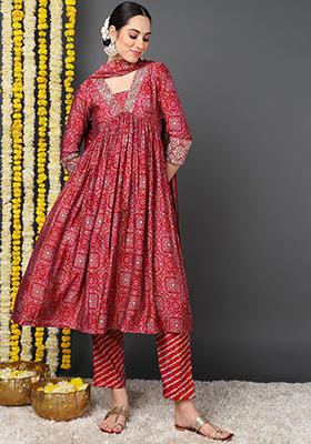 Maroon Printed Silk Blend Kurta Set