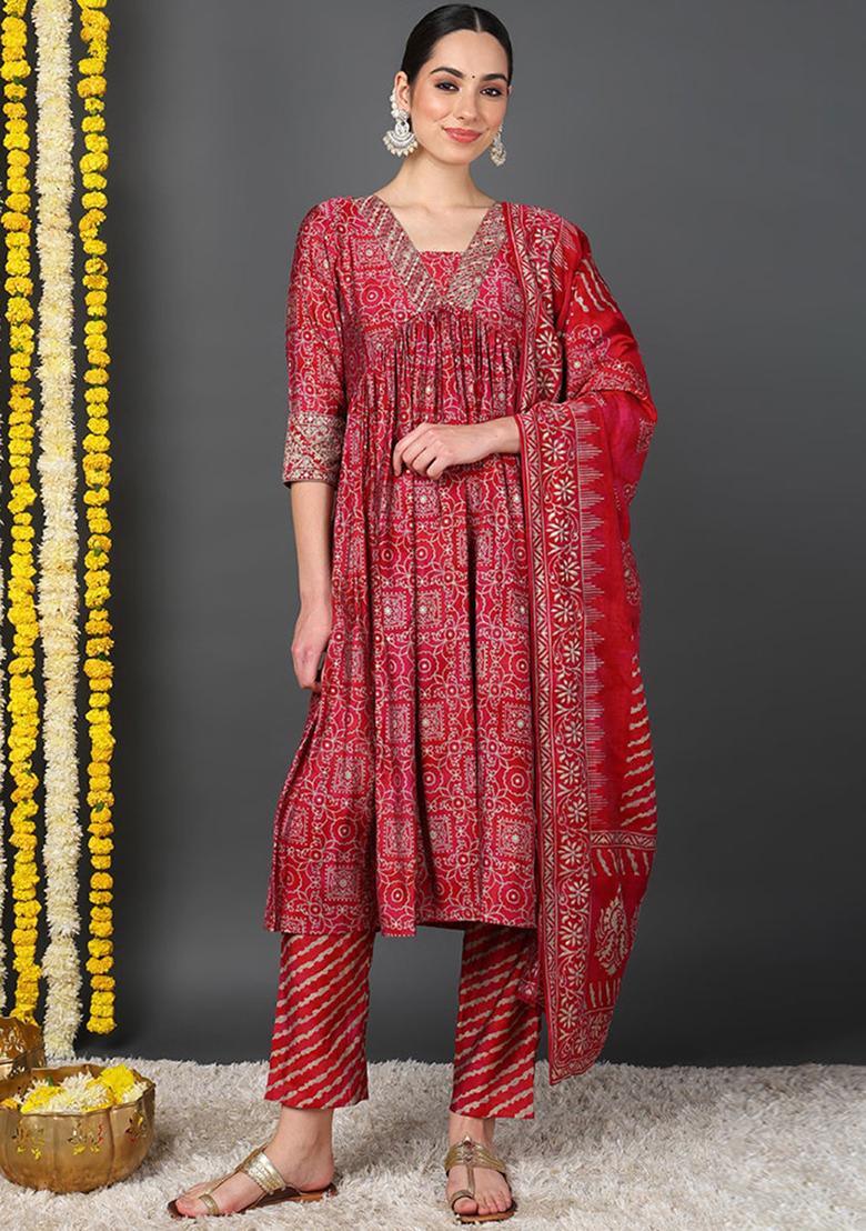 Maroon Printed Silk Blend Kurta Set