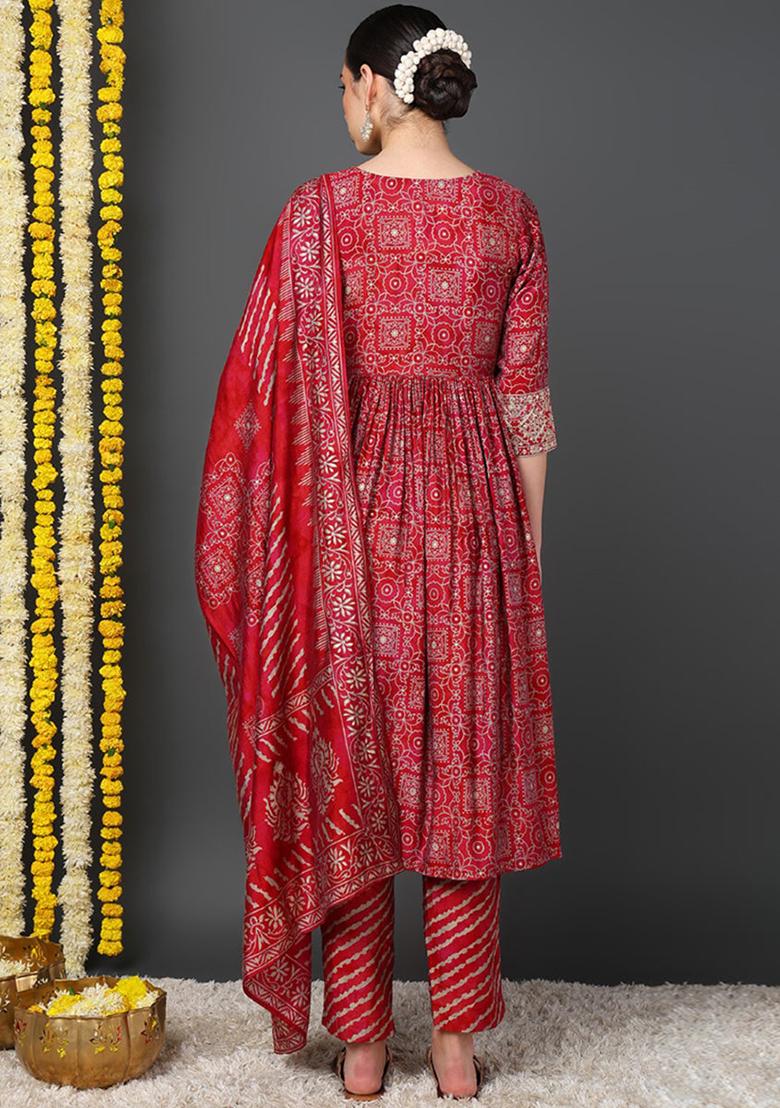 Maroon Printed Silk Blend Kurta Set