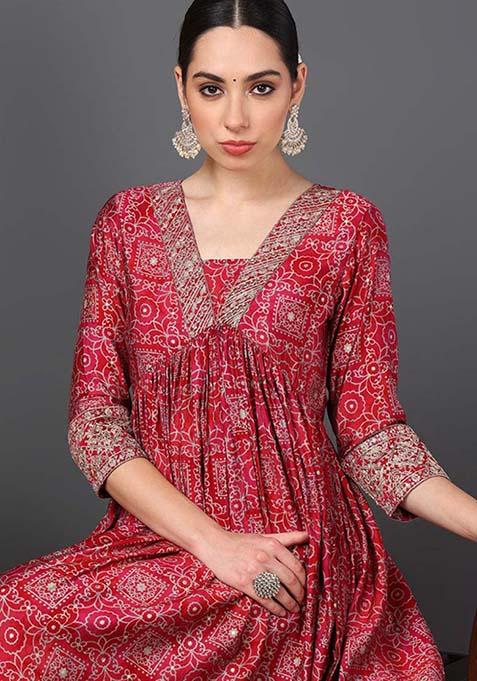 Maroon Printed Silk Blend Kurta Set