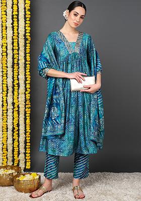 Teal Printed Silk Blend Kurta Set