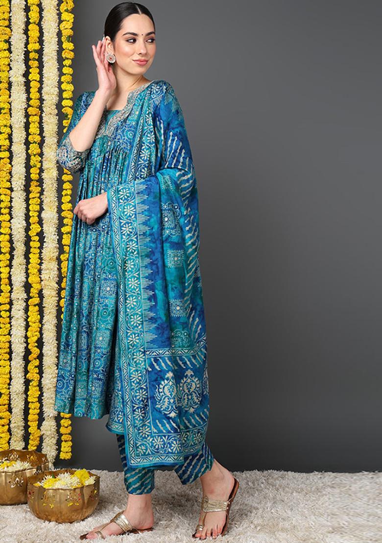 Teal Printed Silk Blend Kurta Set
