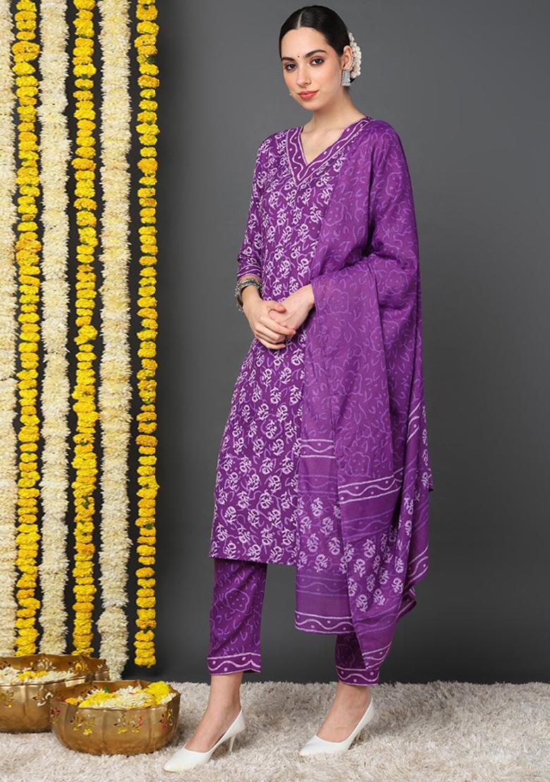Violet Printed Rayon Blend Kurta Set