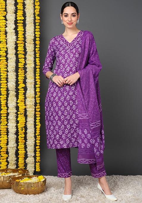 Violet Printed Rayon Blend Kurta Set