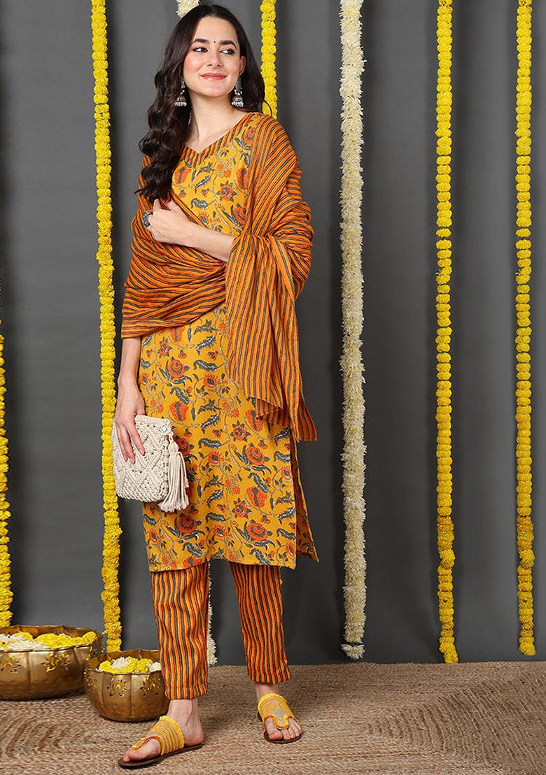 Yellow Printed Rayon Blend Kurta Set