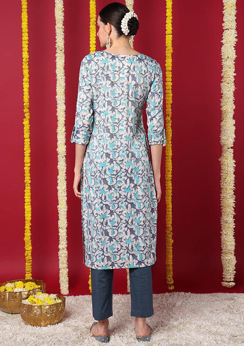 Beige Printed Silk Blend Kurta