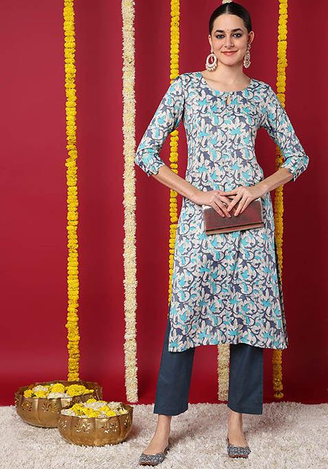 Beige Printed Silk Blend Kurta