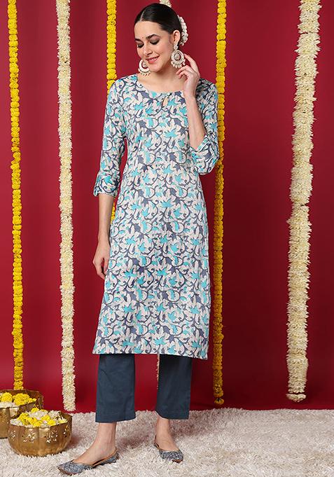 Beige Printed Silk Blend Kurta