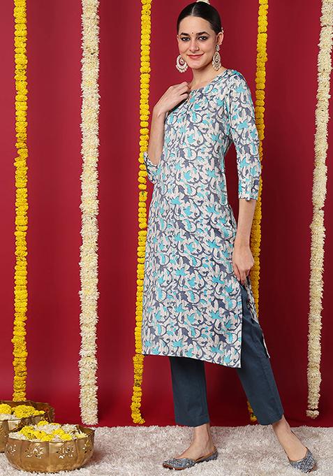 Beige Printed Silk Blend Kurta