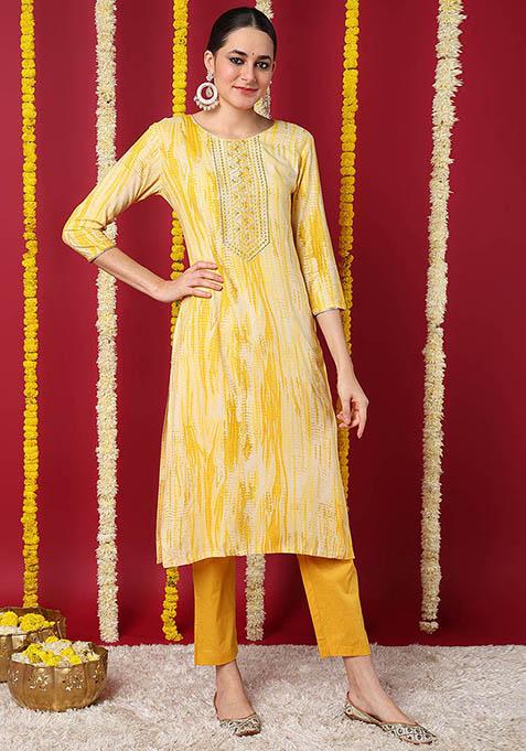 Yellow Printed Viscose Rayon Kurta