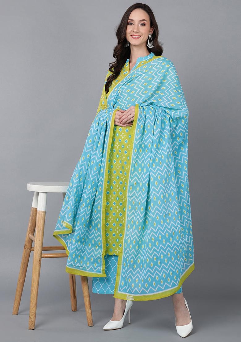 Lime Green Printed Rayon Kurta Set