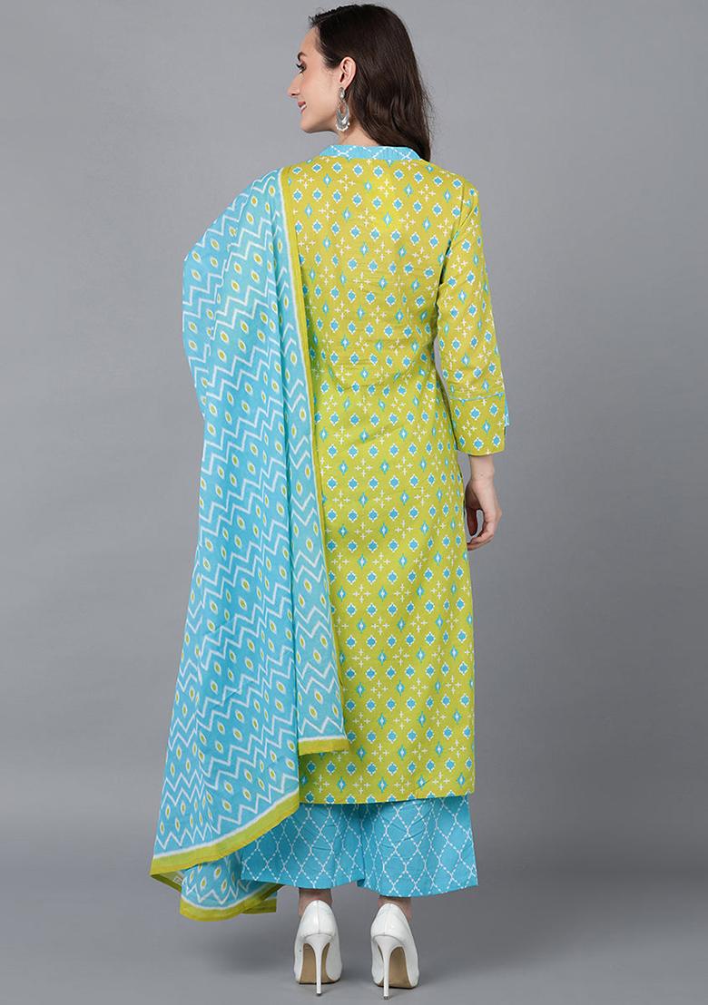Lime Green Printed Rayon Kurta Set