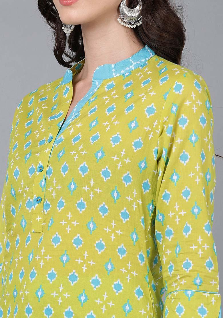 Lime Green Printed Rayon Kurta Set
