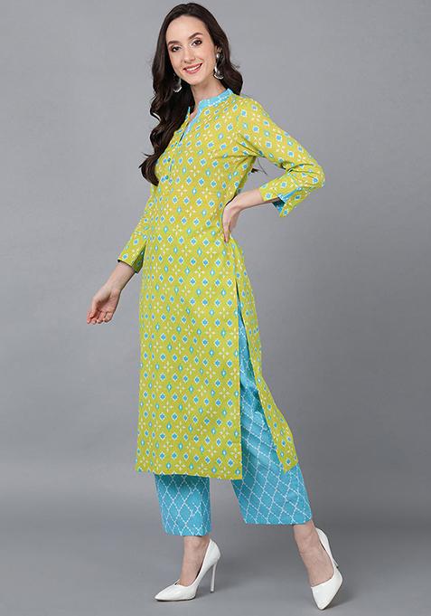 Lime Green Printed Rayon Kurta Set
