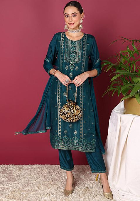 Teal Woven Silk Blend Kurta Set