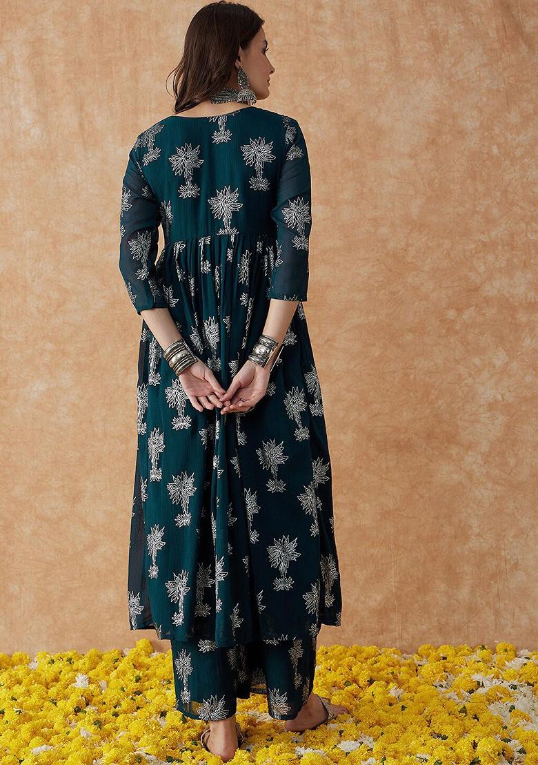 Green Floral Print Anarkali Kurta Set