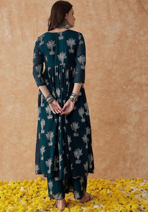 Green Floral Print Anarkali Kurta Set