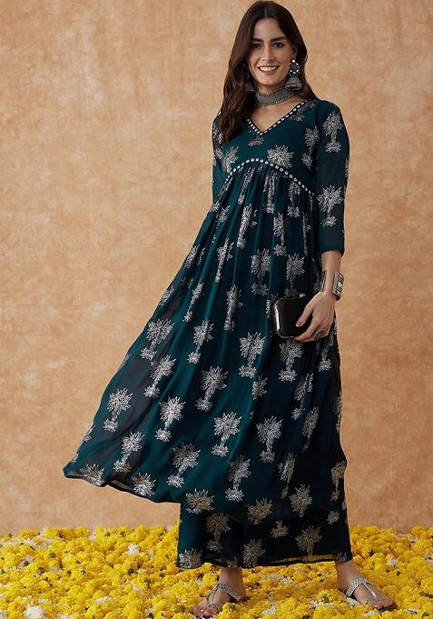 Green Floral Print Anarkali Kurta Set