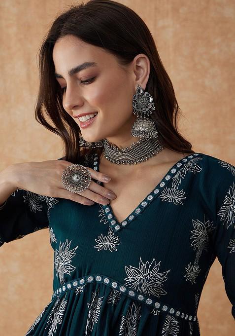 Green Floral Print Anarkali Kurta Set