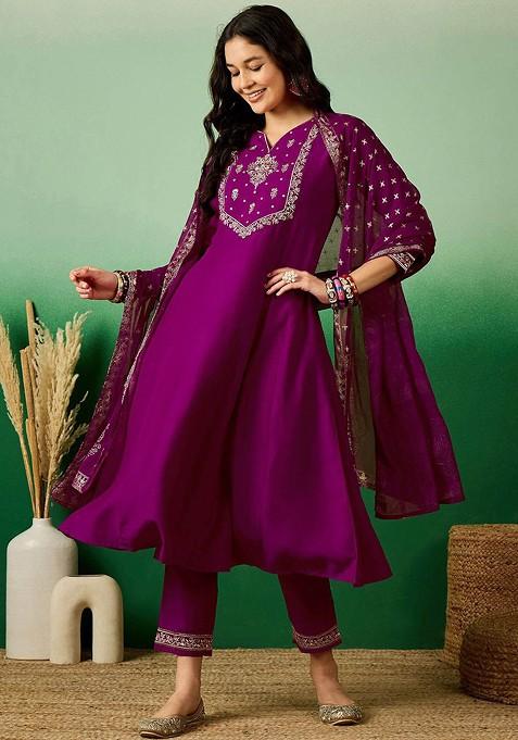 Magenta Embroidered Sequin A Line Kurta Set