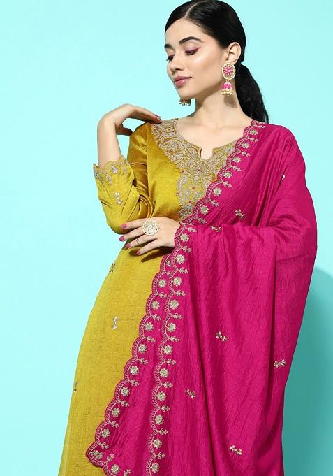 Yellow And Pink Floral Sequin Embroidered Straight Kurta Set