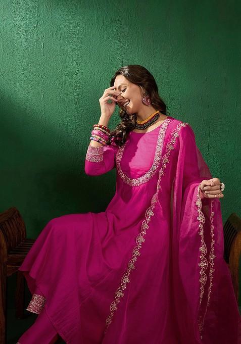 Pink Embroidered A Line Kurta With Trouser And Dupatta