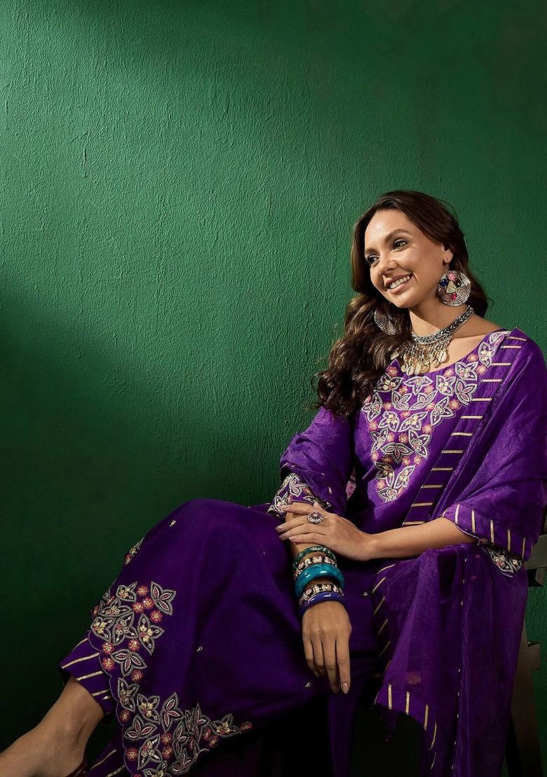 Purple Embroidered Straight Kurta With Trouser And Dupatta