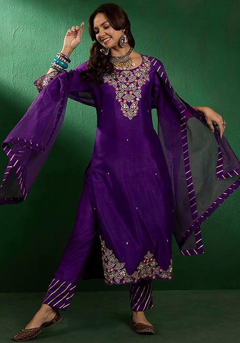 Purple Embroidered Straight Kurta With Trouser And Dupatta