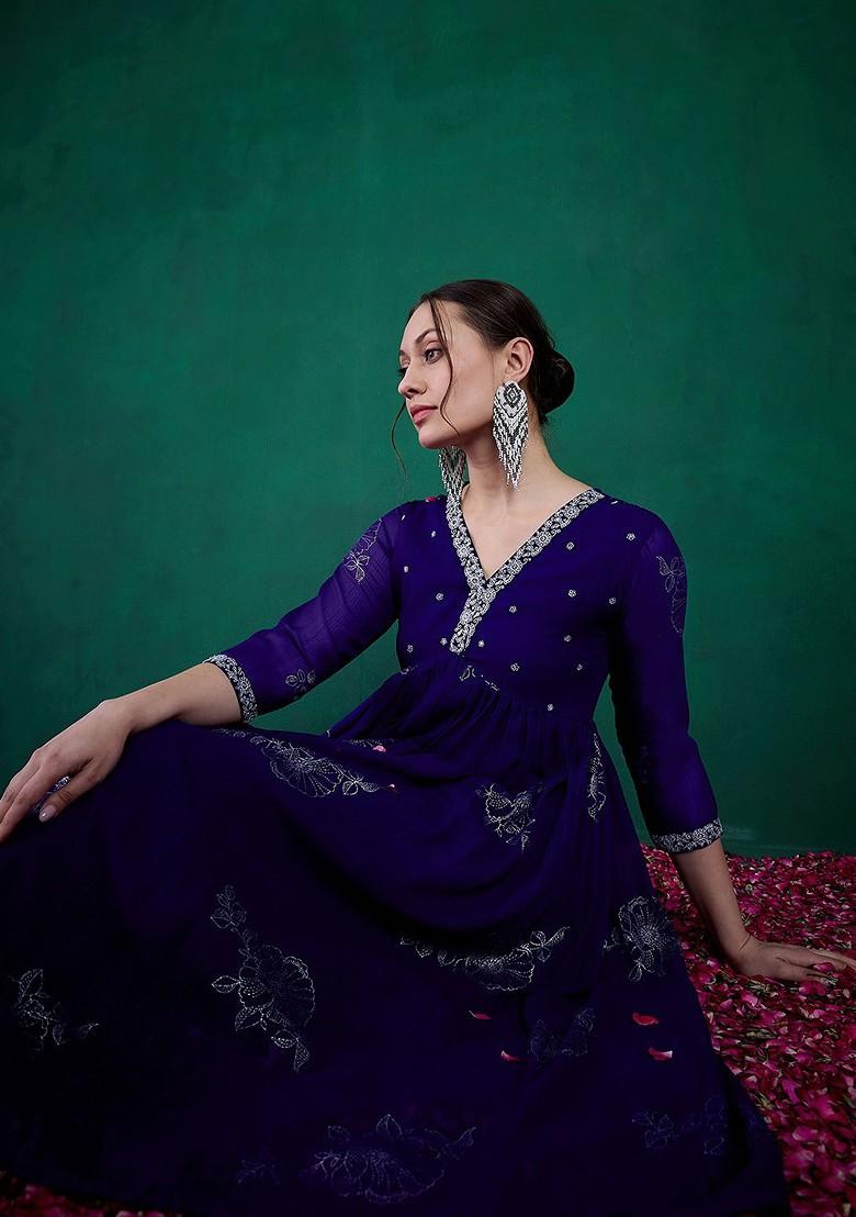 Blue Floral Print Embroidered Anarkali Kurta With Trouser - Indya