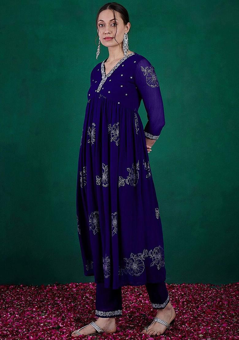 Blue Floral Print Embroidered Anarkali Kurta With Trouser - Indya