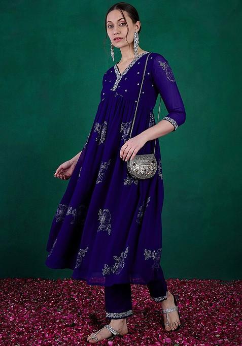 Blue Floral Print Embroidered Anarkali Kurta With Trouser