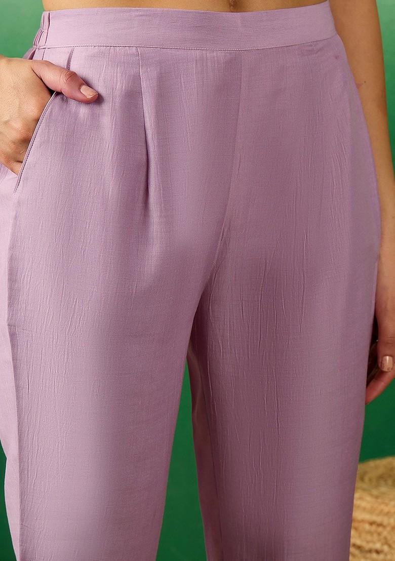 Lavender Floral Embroidered Mirror Work A Line Kurta And Trousers With Dupatta