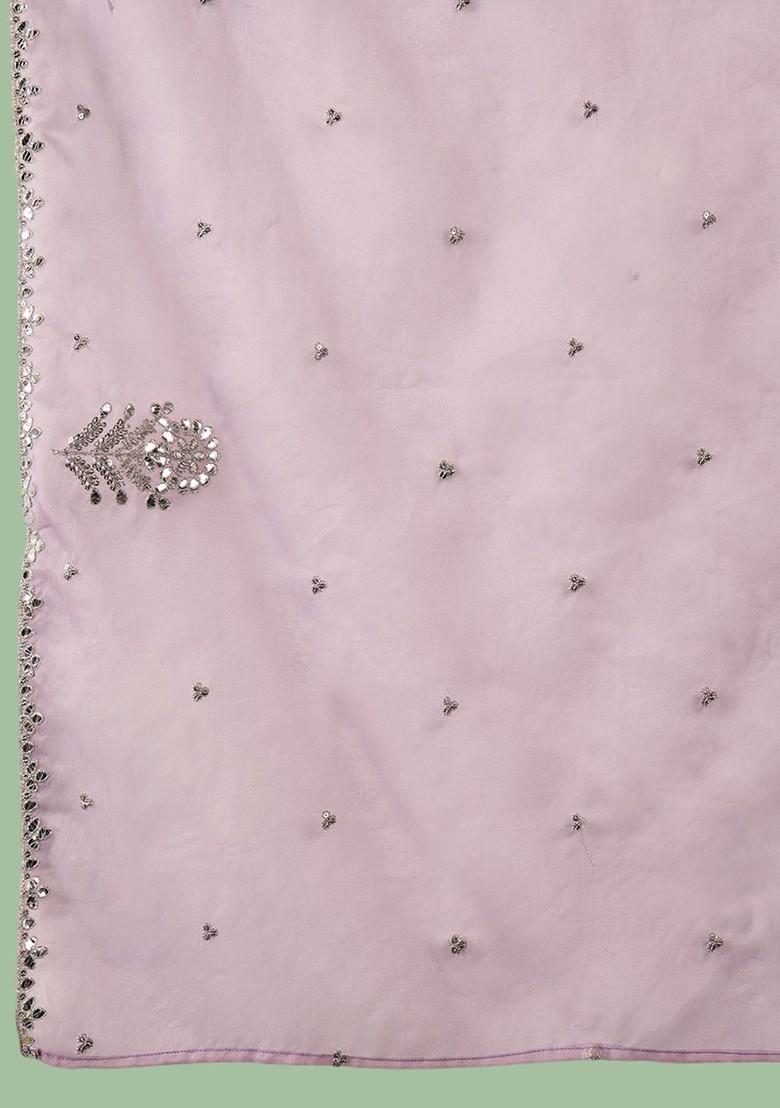 Lavender Floral Embroidered Mirror Work A Line Kurta And Trousers With Dupatta
