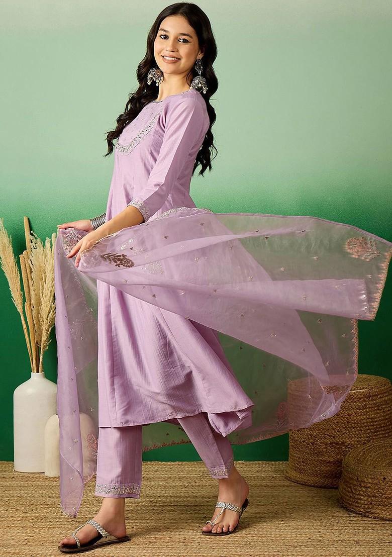 Lavender Floral Embroidered Mirror Work A Line Kurta And Trousers With Dupatta