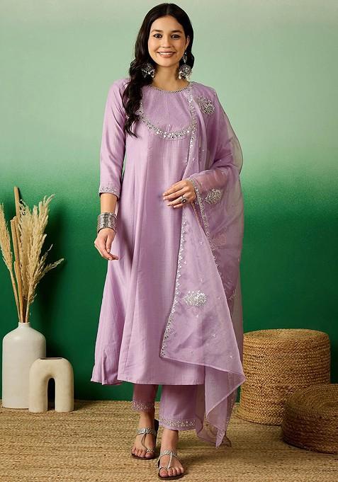 Lavender Floral Embroidered Mirror Work A Line Kurta And Trousers With Dupatta