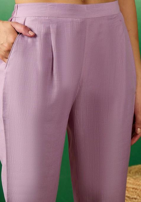 Lavender Floral Embroidered Mirror Work A Line Kurta And Trousers With Dupatta