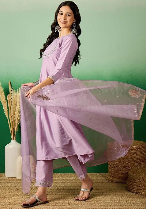 Lavender Floral Embroidered Mirror Work A Line Kurta And Trousers With Dupatta