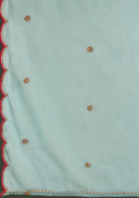 Blue Floral Embroidered Zari Sequin Anarkali Kurta With Trousers And Dupatta